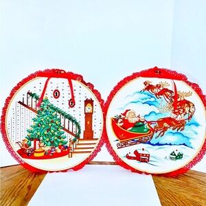 Handmade Christmas Fabric & Wooden Hoop Wall Hangings Set Of 2 10in Circle